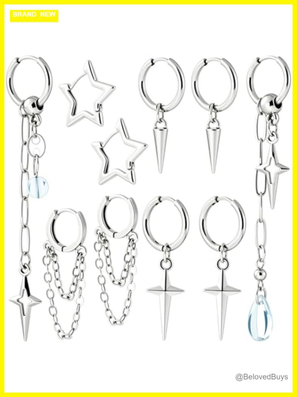 Y2K Gothic Dangle Hoop Earrings 5 Pairs Set Star Spike Chain